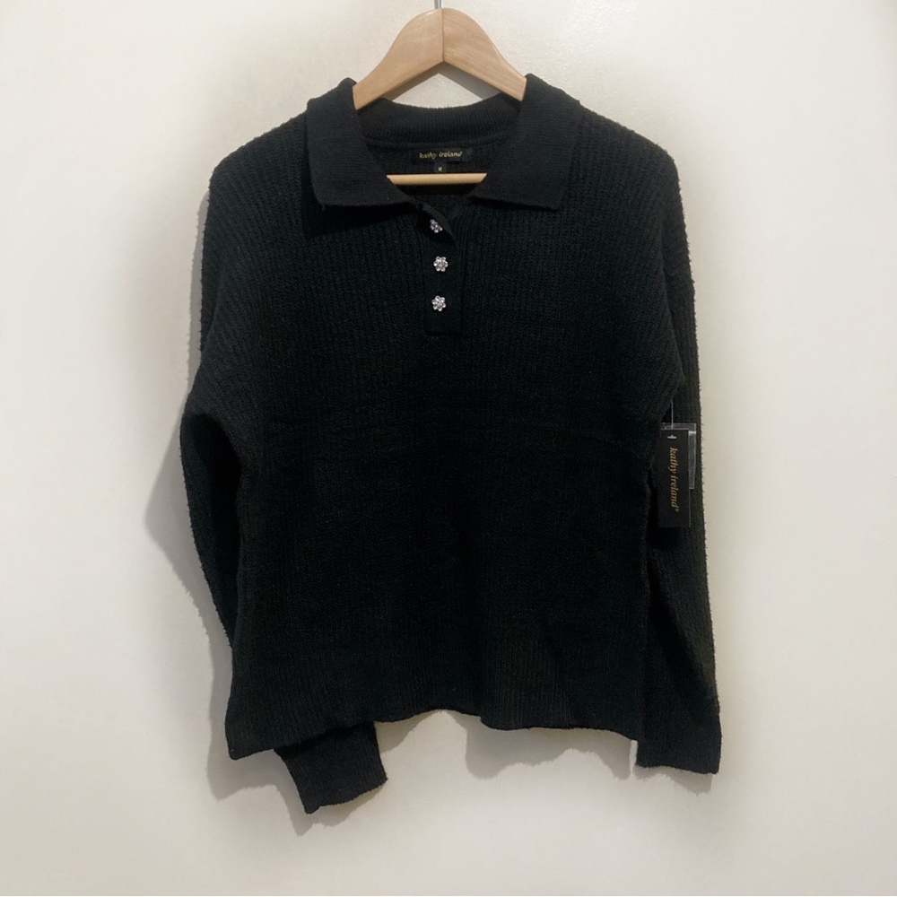 Kathy Ireland Ribbed Sweater Size Medium Black New Collar Button Rhinestone